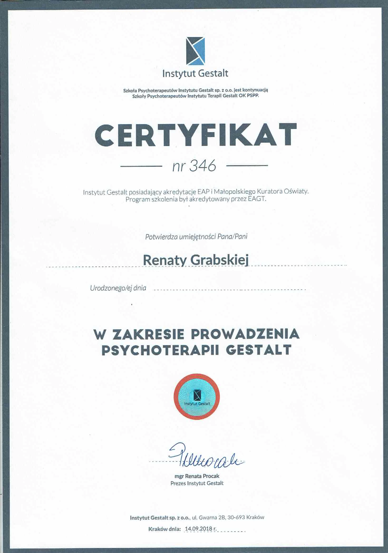 Certyfikat Psychoterapeuty Gestalt nr 346 — Renata Grabska
