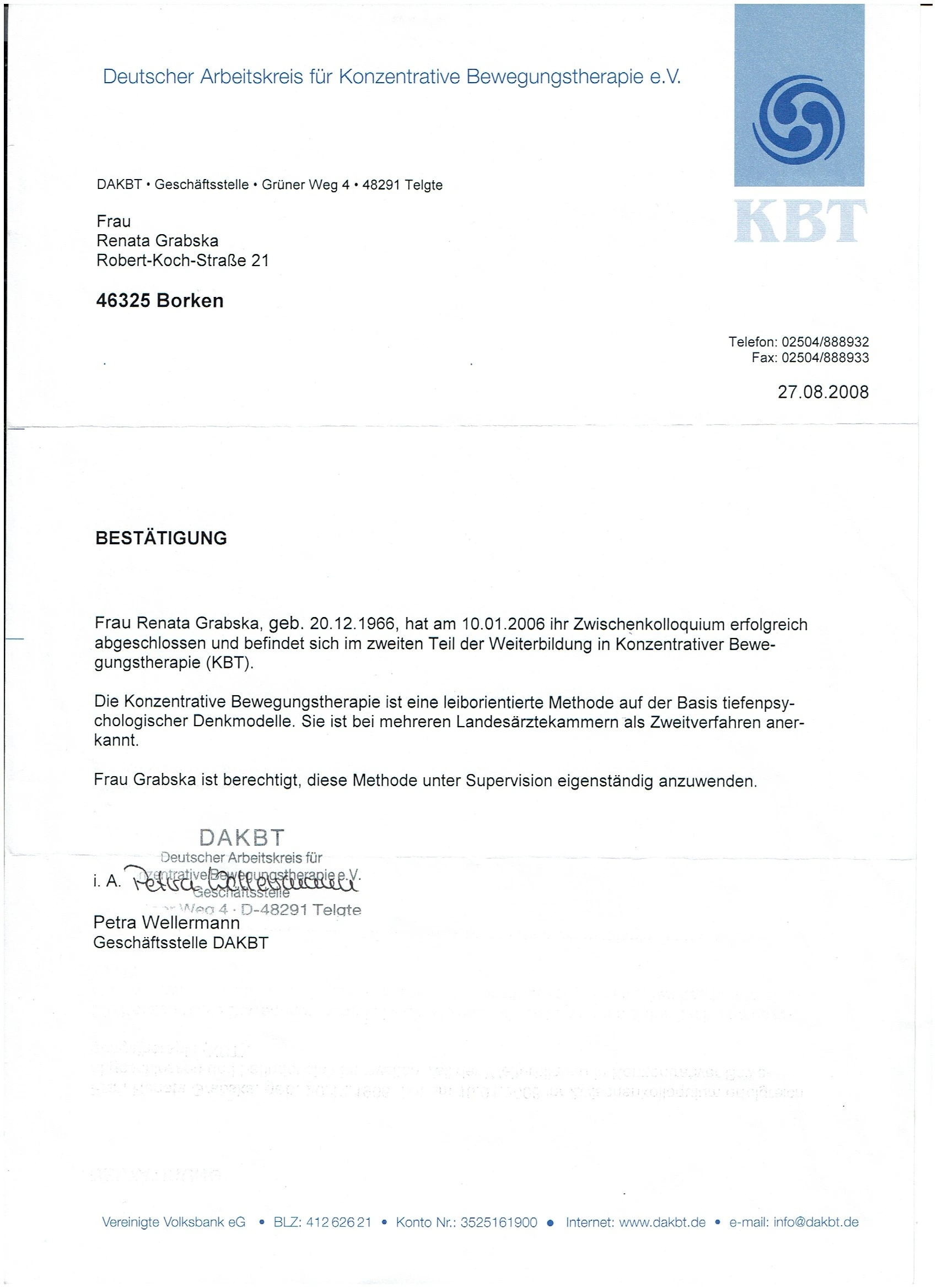 Zaświadczenie DAKBT KBT Niemcy — Renata Grabska