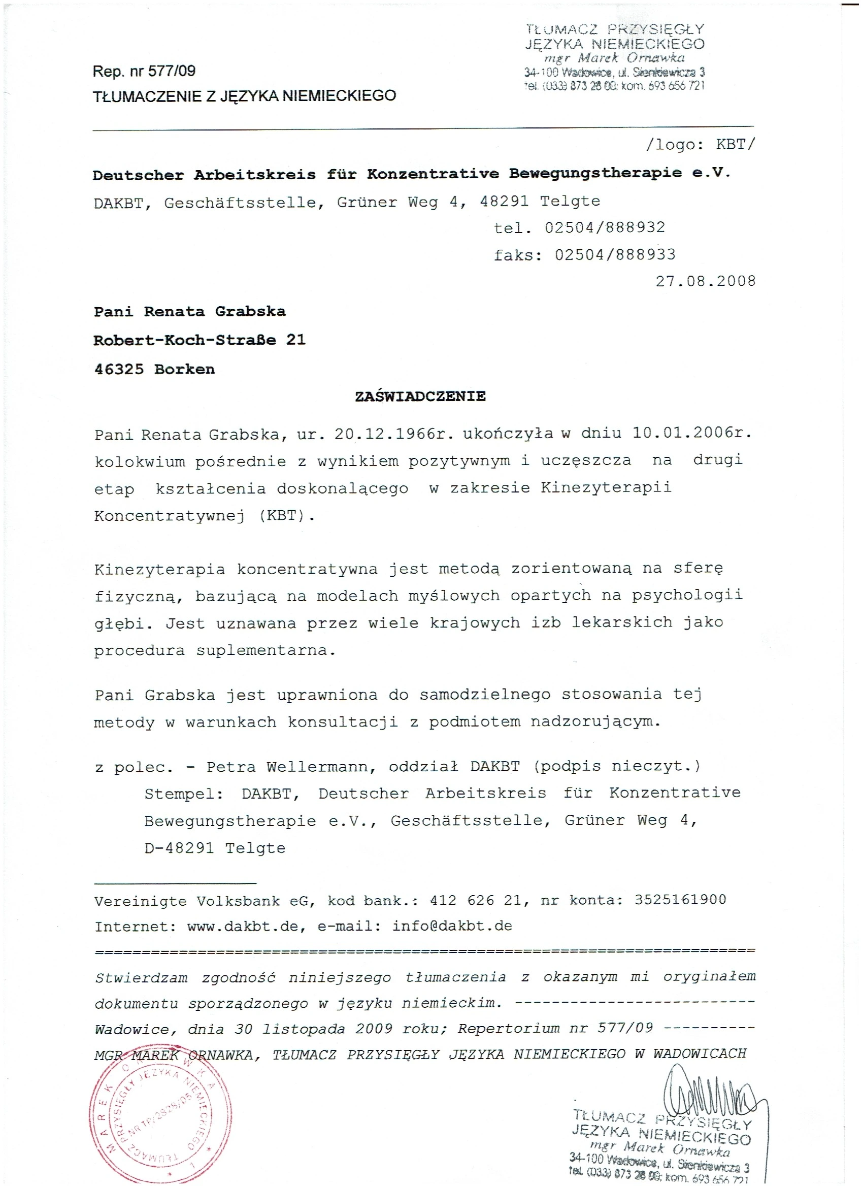 Tłumaczenie przysięgłe zaświadczenia DAKBT — Renata Grabska